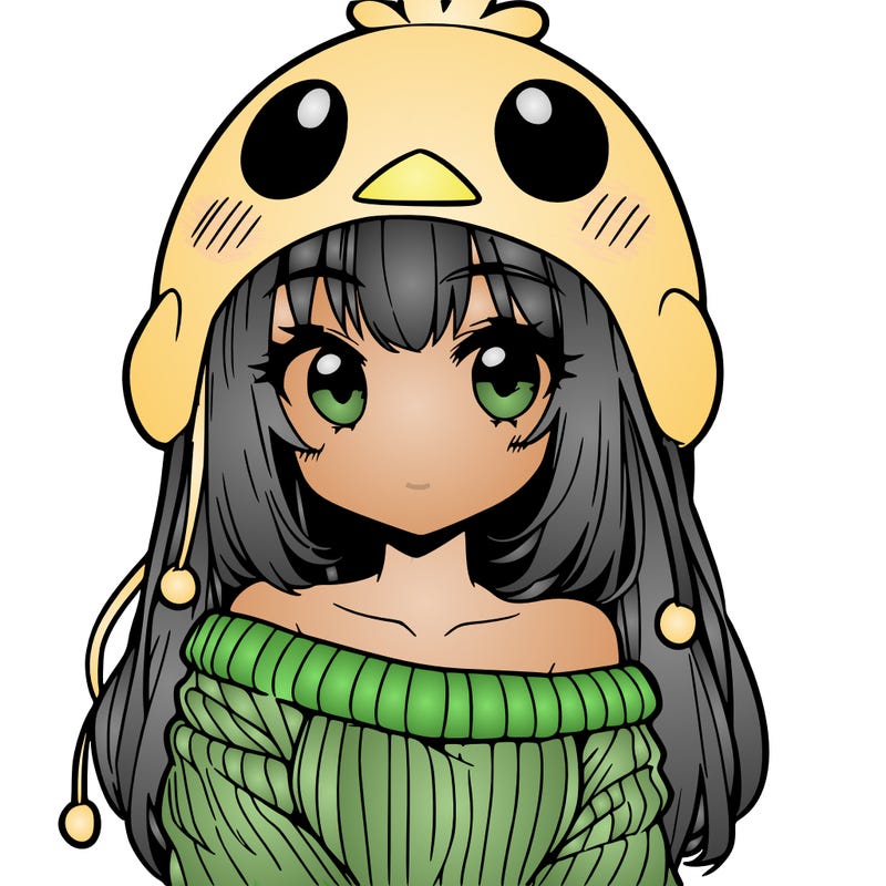 anime girl with chick shaped hat with sweater with bare shoulders with bangs covering them one eye with low tail