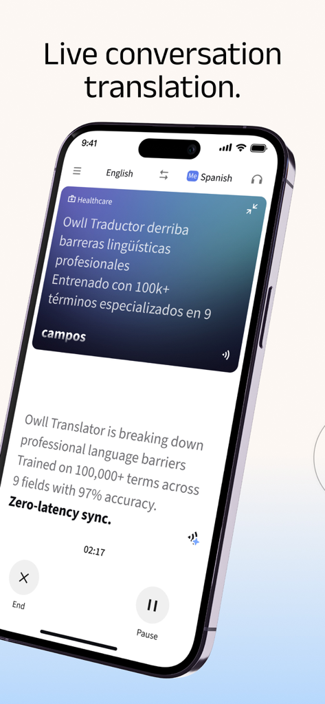 Interface of Owll Translator app performing live English to Spanish medical translation