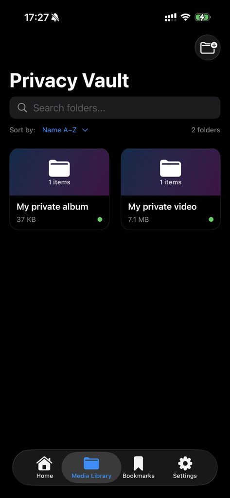PrivacyVault + No Ads - The media library screen of Privacy Vault app showing private folders for albums and videos