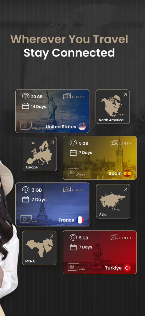 2nd Line+ Second Phone Number - 2nd Line app interface displaying international eSIM data packages for travelers.
