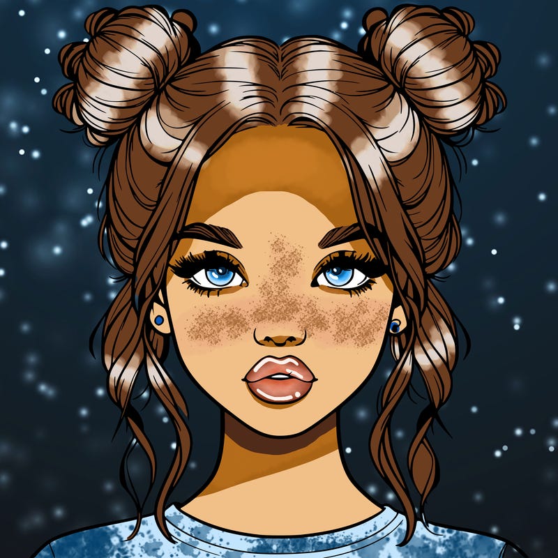 realistic girl with two buns in hair and lips