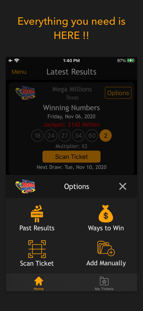 Mobile app interface showing Mega Millions lottery results with winning numbers, jackpot amount, and scan ticket options.