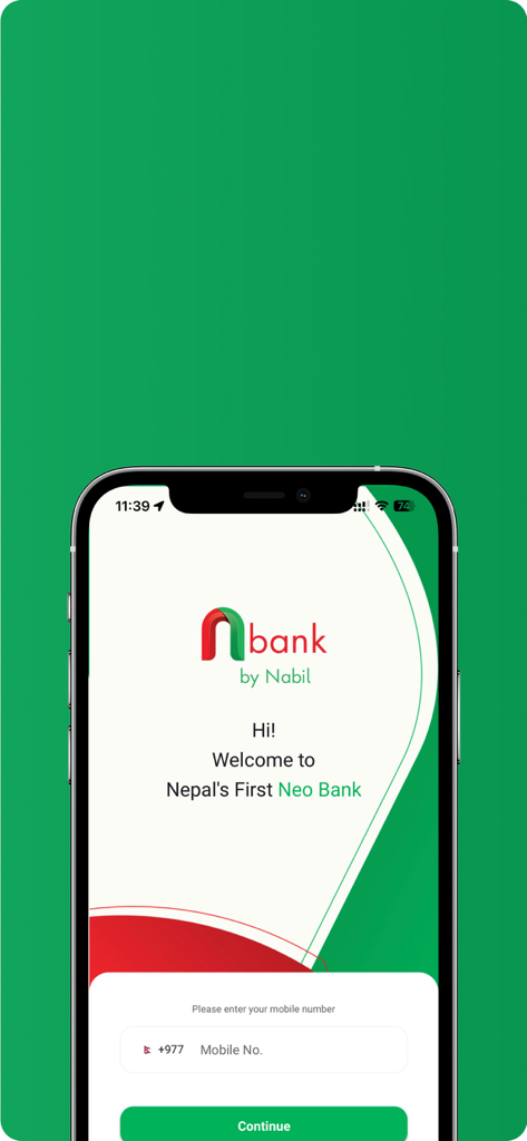Welcome screen of nBank by Nabil Bank showing the login interface for Nepal's first neo bank
