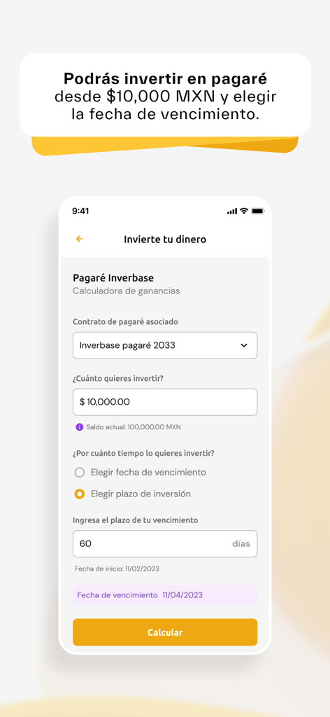 BASEinet - Pantalla de la calculadora de inversiones de la aplicación móvil BASEinet para pagarés en Pesos