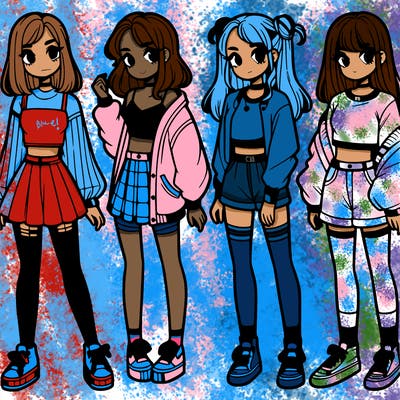 one girl with crop-top shirt and a jacket with a skirt, long socks and another girl with a shirt and pants with a jacket