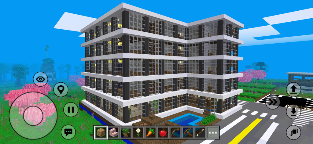 Mini Block City Craft - A large modern glass mansion built in a pixelated sandbox world