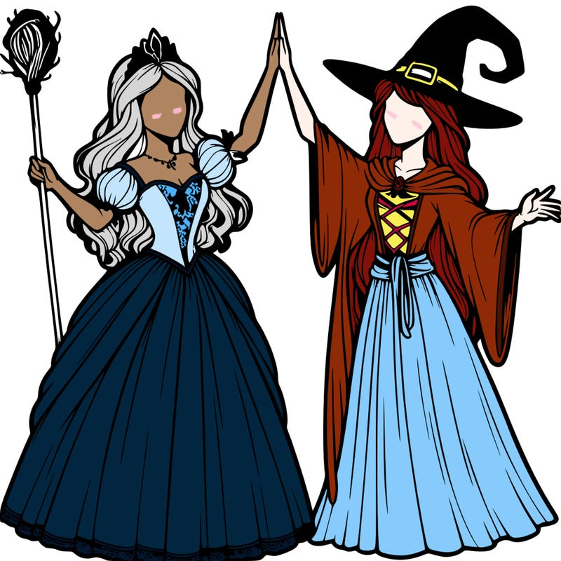 detailed realistic split of a princess and a witch