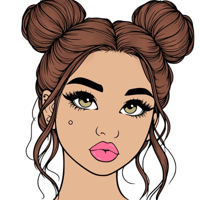 realistic girl with two buns on her hair and lips