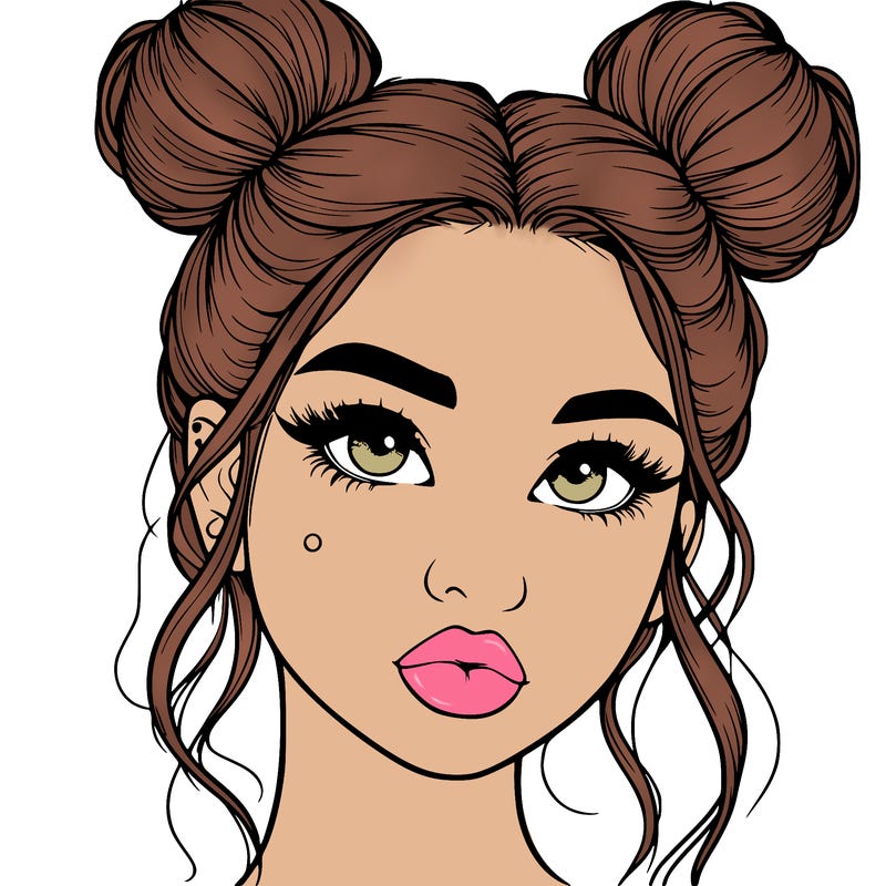 realistic girl with two buns on her hair and lips