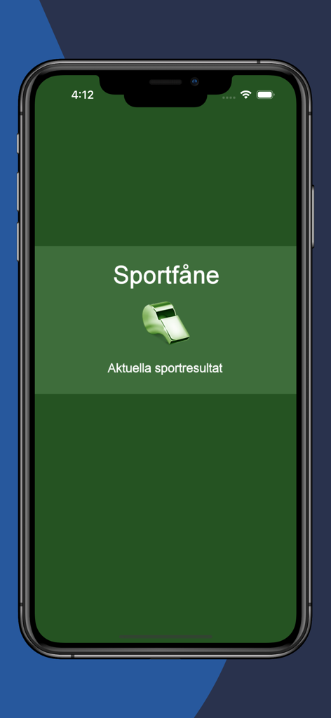 Sportfåne - Målservice - Pantalla de inicio de la aplicación Sportfane con un ícono de silbato verde y texto de resultados deportivos