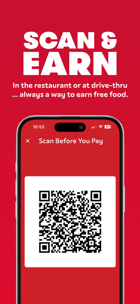 Wendy’s - Pantalla de la app de Wendy's mostrando la función Escanear y Ganar con un código QR para recompensas