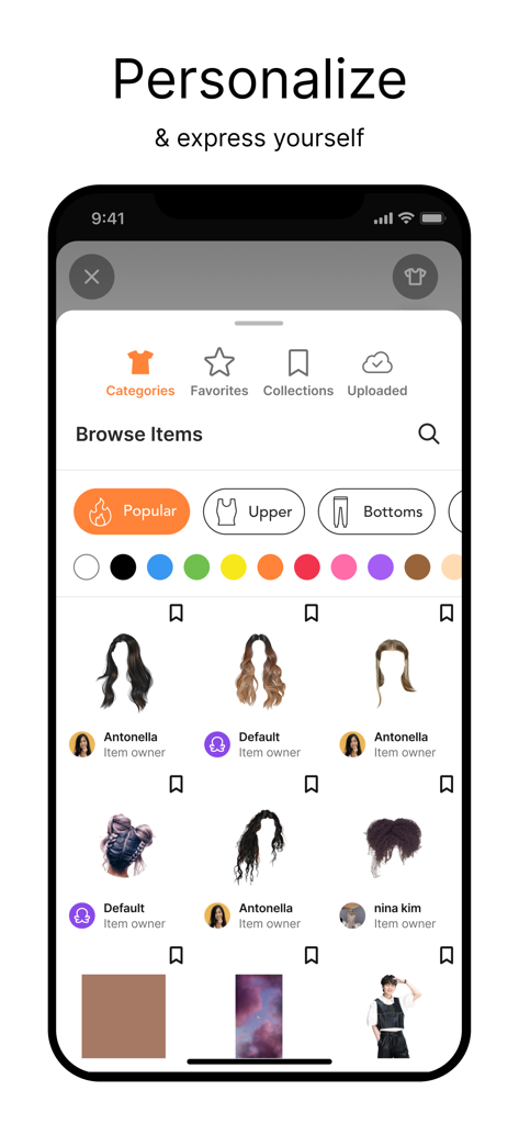 Interface do aplicativo Combyne para navegar e personalizar itens de moda, incluindo penteados e categorias de roupas.