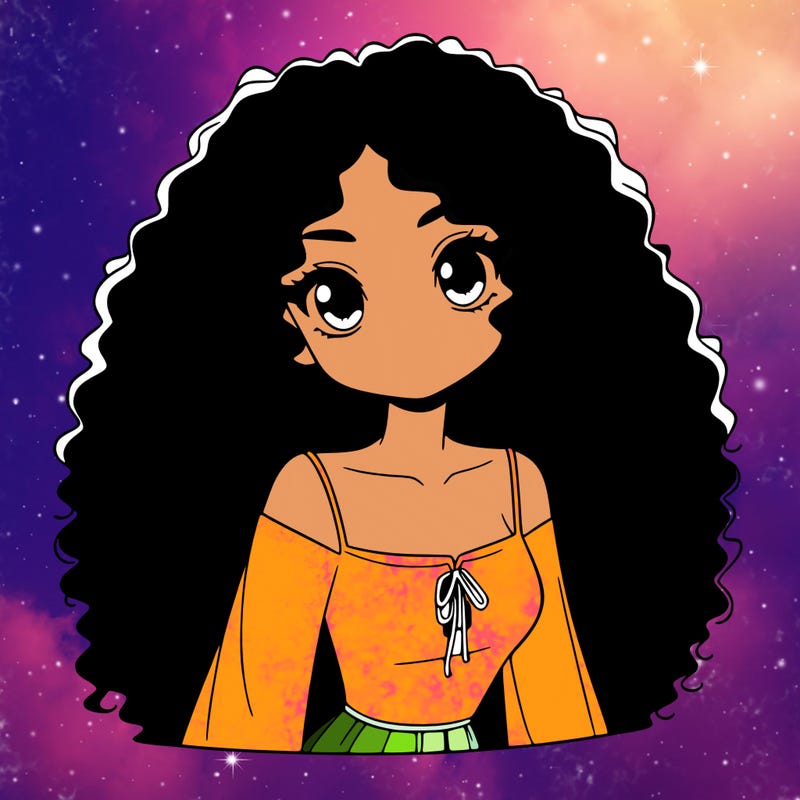 a black anime girl with long afro hair