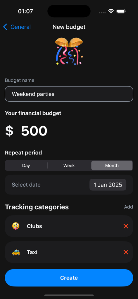 Saro: Money Manager - Saro Money Manager interface for creating a new monthly budget with categories for clubs and taxi.