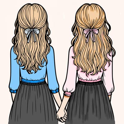 two realistic looking girls standing with backs facing the paper and they are holding hands
