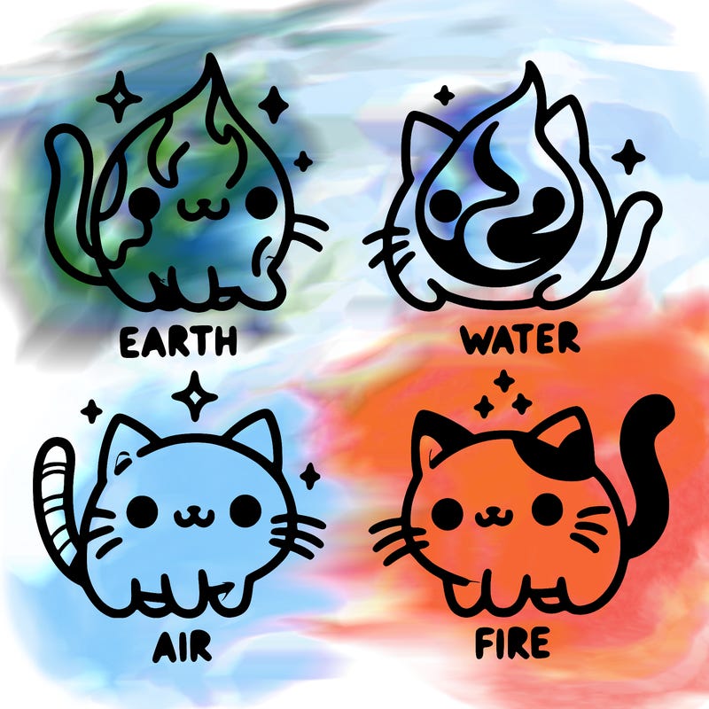 4 cats that represent the different elements, earth, water, air, and fire