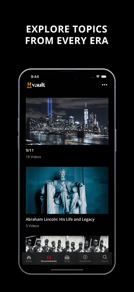 HISTORY Vault - Interfaz de la aplicación HISTORY Vault que muestra categorías de documentales como 9/11 y Abraham Lincoln