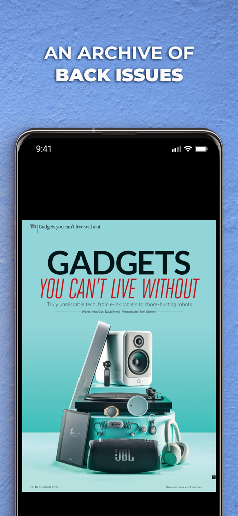 T3 Australia app displaying a digital magazine page featuring a variety of high end tech gadgets