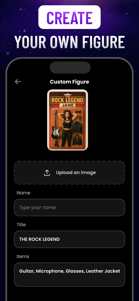 Lublu app interface showing the process to create a custom AI action figure with personalized name and items