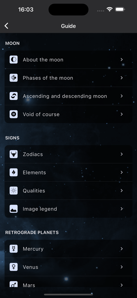 MoonWorx Lunar Calendar - Guide section of the MoonWorx app showing educational topics about the moon zodiac signs and retrograde planets