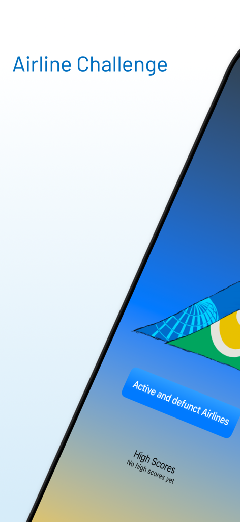 Airline Challenge menu in the AirlineTrivia app showing options for active and defunct airlines