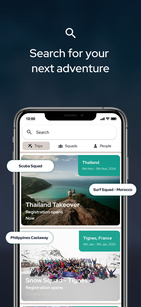 Travel Squad app interface showing a search screen for adventure trips including Thailand and France.