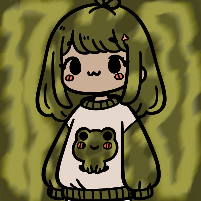 girl with a sweatshirt that has a little cute frog on it