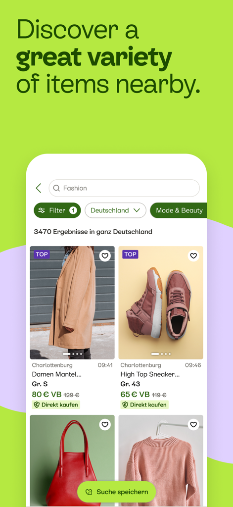 Kleinanzeigen - without eBay - Una captura de pantalla de la app móvil Kleinanzeigen que muestra anuncios de moda locales, incluyendo un abrigo y zapatillas con precio y detalles de ubicación.