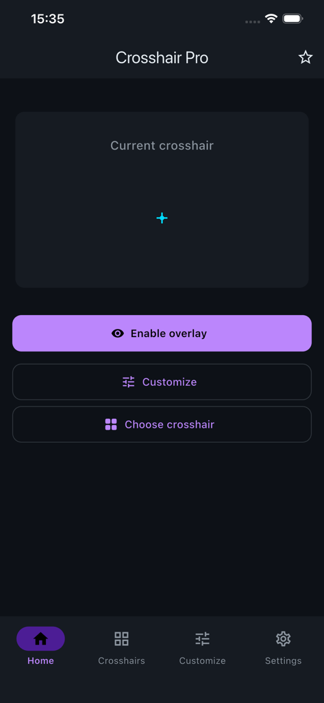 Crosshair Pro - Custom Scope - Interface de l'application Crosshair Pro montrant le menu d'accueil avec un aperçu du réticule actuel et le bouton de bascule de la superposition.