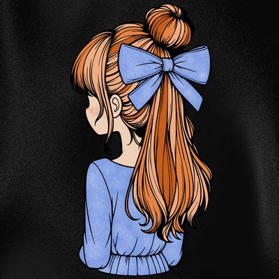 realistic girl  with hip length hair a bun and a big bow on the back of head