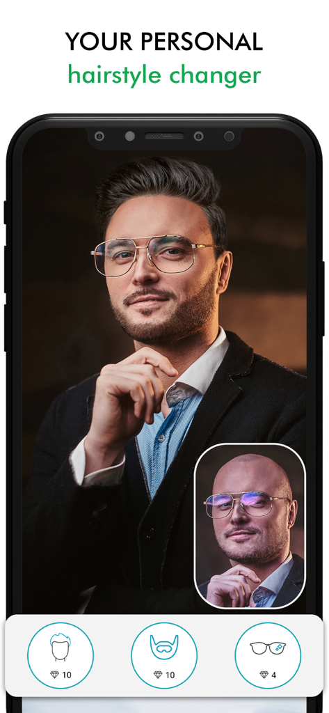 Un homme utilisant l'application FixThePhoto pour ajouter naturellement des cheveux et corriger une zone chauve sur son portrait