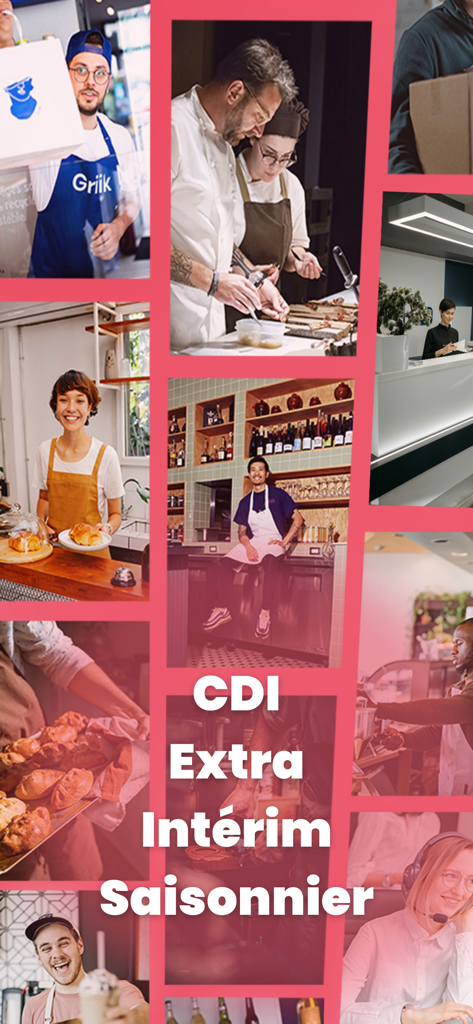 Extracadabra, ton job au choix - A collage showing diverse service industry workers such as chefs, servers, and delivery staff with text overlays for different contract types like CDI and seasonal.