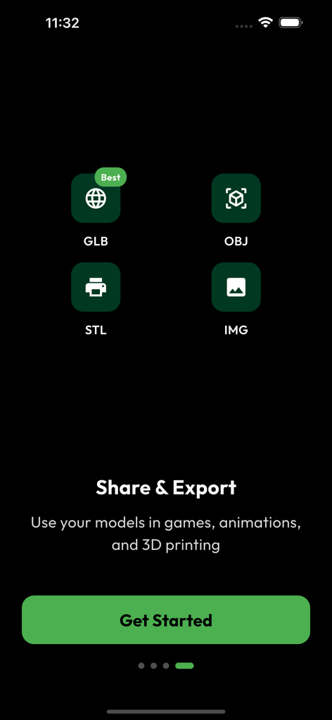 AI 3D Model Generator - Obloid - Obloid app interface showing 3D model export formats including GLB OBJ and STL for games and 3D printing