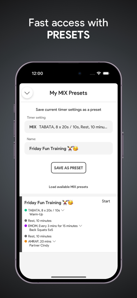 SmartWOD Timer app interface for saving and managing custom functional fitness workout presets like AMRAP and EMOM