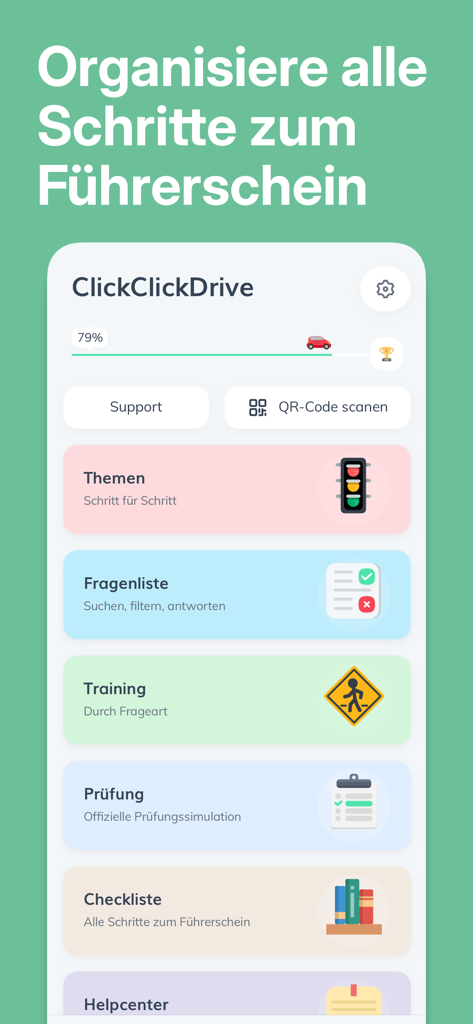 Dashboard der ClickClickDrive-App mit Lernfortschritt und Lernbereichen für den deutschen Führerschein.