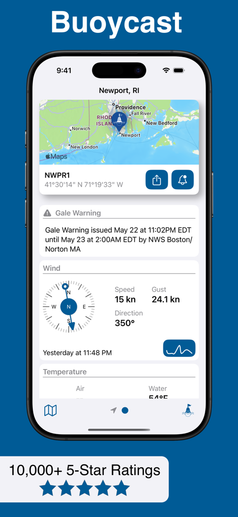 Buoycast app screen displaying wind speed data and a gale warning alert for Newport Rhode Island