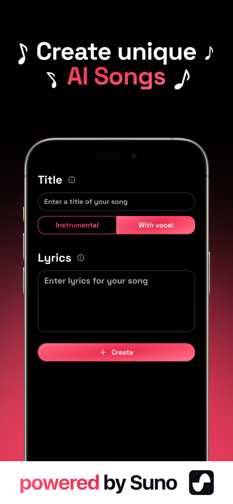 Muza AI: AI Song & Music - Smartphone showing the Muza AI app interface for entering song titles and lyrics to generate music powered by Suno AI.