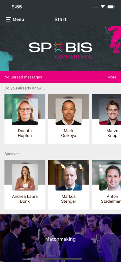 SPOBIS - SPOBIS conference app home screen featuring speaker profiles and networking matchmaking options