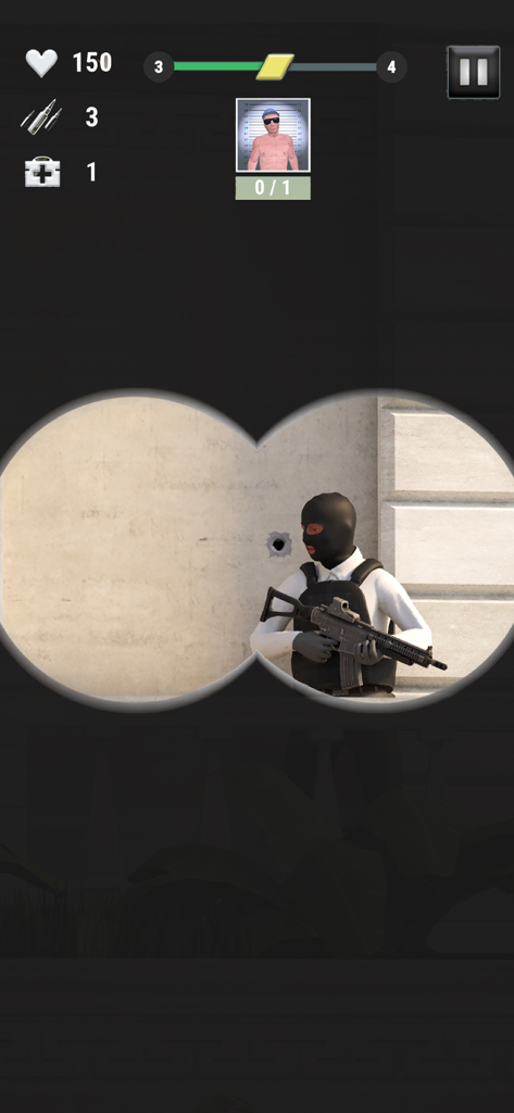 Shooter Agent: Sniper Hunt - A binocular scope view in Shooter Agent Sniper Hunt aiming at a masked enemy with a rifle