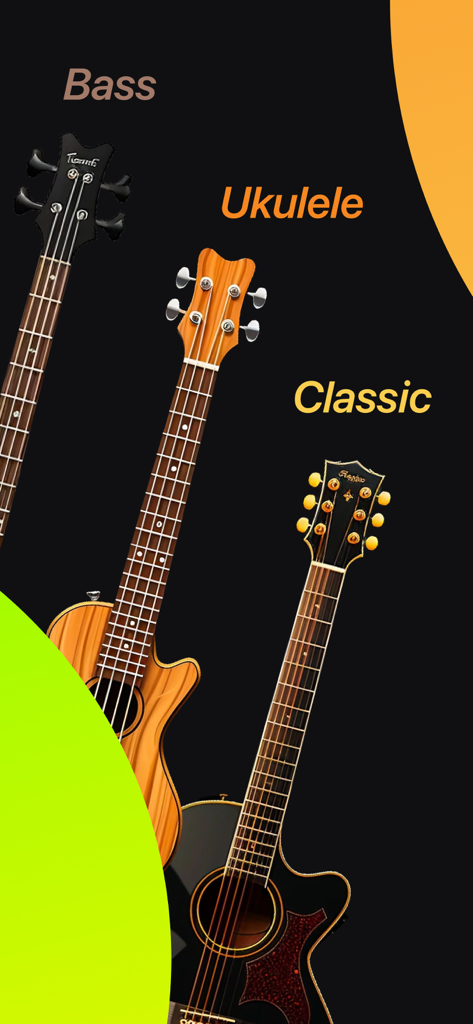 Guitar Tuner + Ukulele & Bass - Interfaz que muestra opciones para afinar bajo, ukelele y guitarra clásica