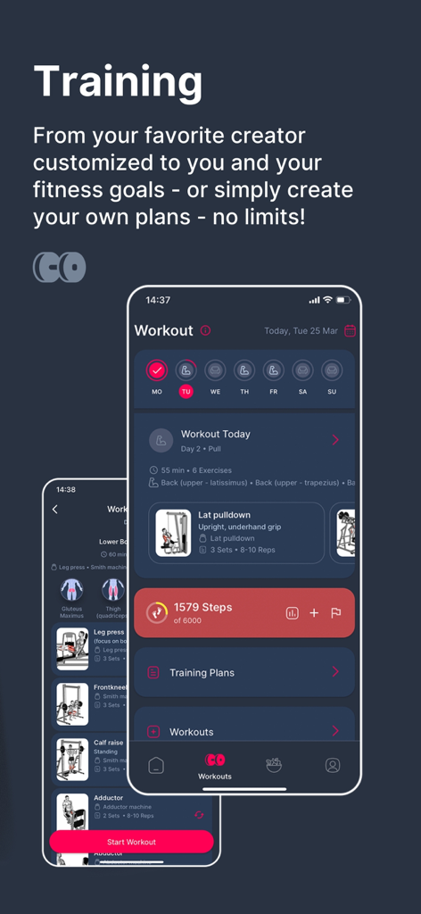 GYMKY - Fitness & AI Nutrition - GYMKY app workout dashboard showing training plans and creator customized exercises