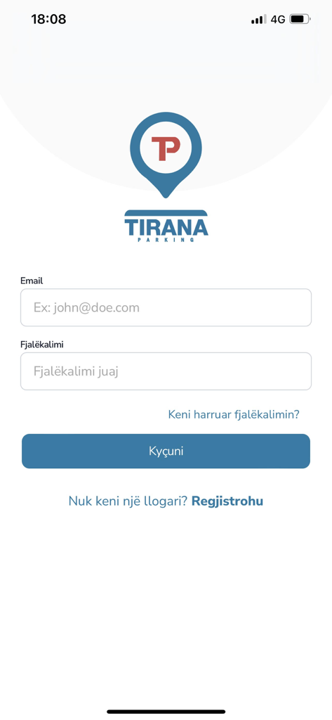 Tirana Parking - Login interface for the Tirana Parking mobile app showing email and password fields