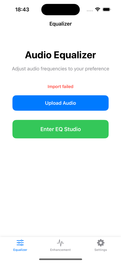 Bass Booster-Equalizer Audio - Interfaz del ecualizador de audio en la aplicación EQ Lab con botones para cargar audio y entrar en el estudio de ecualización.