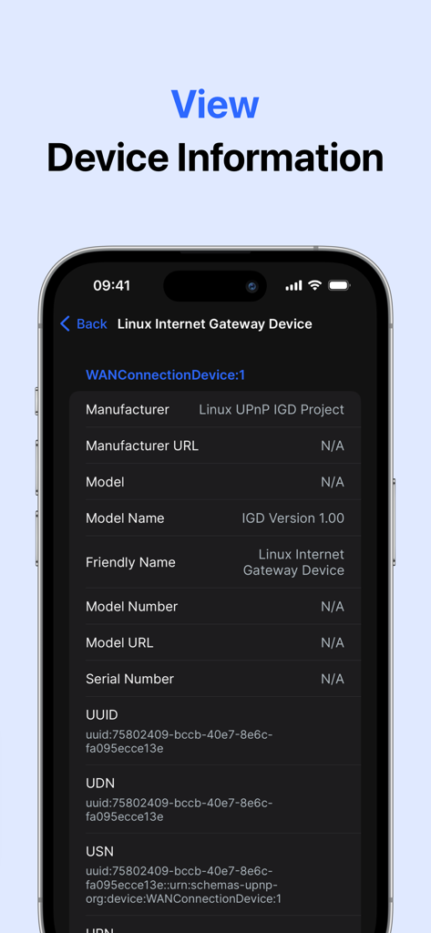 Bildschirm mit detaillierten Geräteinformationen, der technische Spezifikationen für ein Netzwerk-Gateway anzeigt