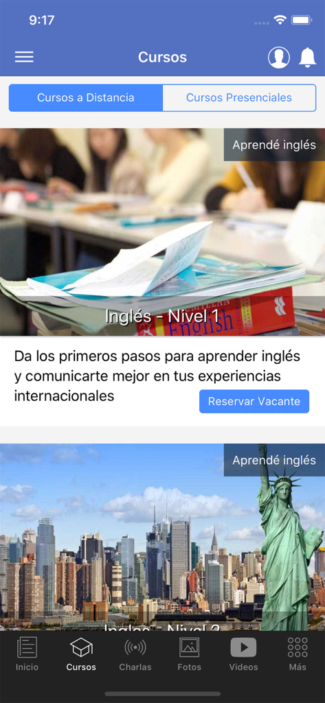 Fundación El Futbolista - Tela do aplicativo móvel mostrando cursos de ensino a distância para os níveis um e dois de inglês.