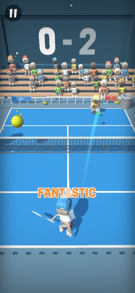 A 3D mobile tennis game showing a match in progress on a blue court with a scoreboard and spectators