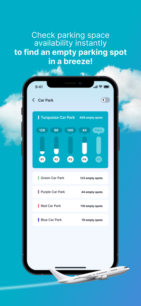 Istanbul Airport - Mobile screen of the Istanbul Airport app showing real-time available parking spots in different color-coded car park zones