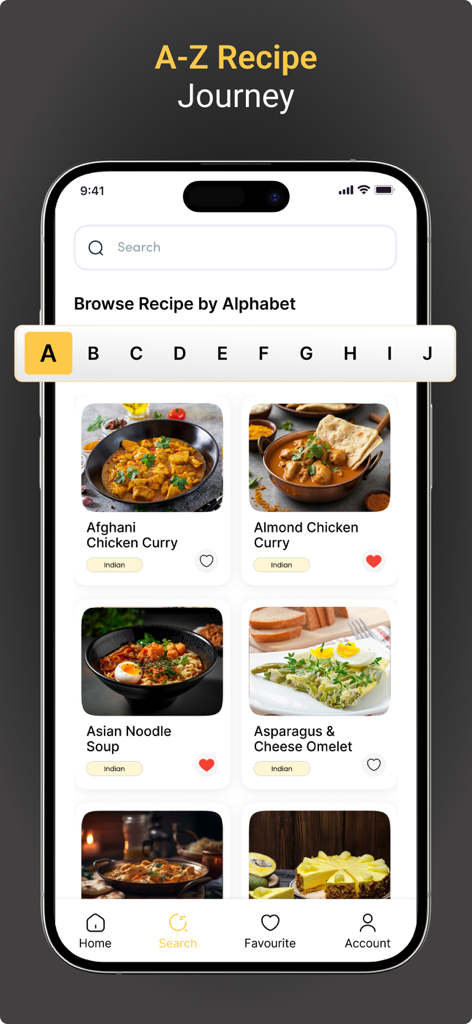 다양한 식사 옵션 이미지가 있는 영문순 레시피 찾아보기용 모바일 앱 화면