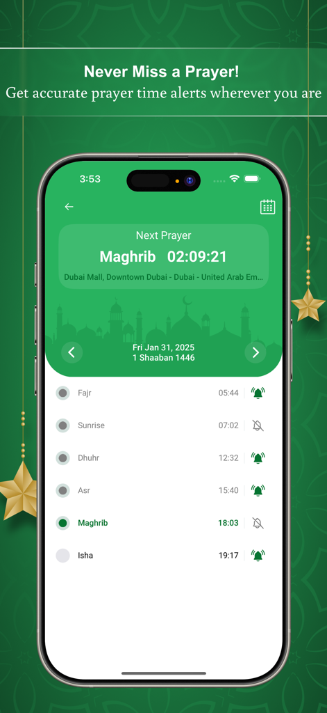 Muslim Prayer Times - Athan - L'interface de l'application Muslim Prayer Times affiche l'horaire des prières quotidiennes et le compte à rebours de la prochaine prière.