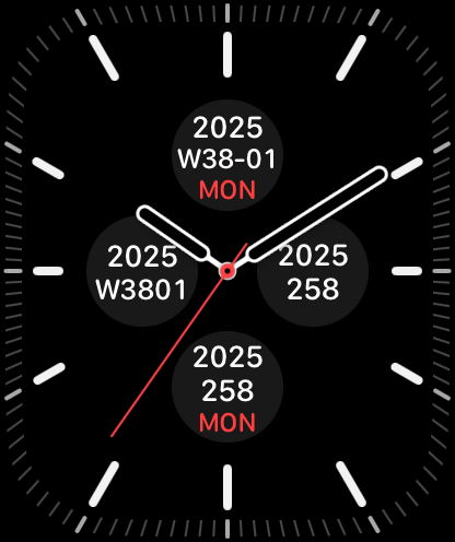Apple Watch face showing various ISO 8601 date complications including week and day of year